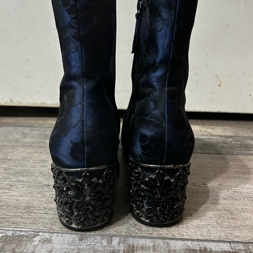 Badgley Mischka Martha Brocade jeweled block heel Blue & black floral bootie - Picture 8 of 11